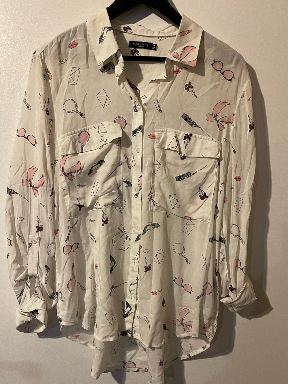 Max Jeans Ivory Pink Novelty Print Roll Tab Long Sleeve Tunic Shirt M